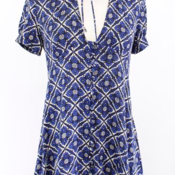 FREE PEOPLE Button down mini blue melody geometric pattern dress - Picture 12 of 12